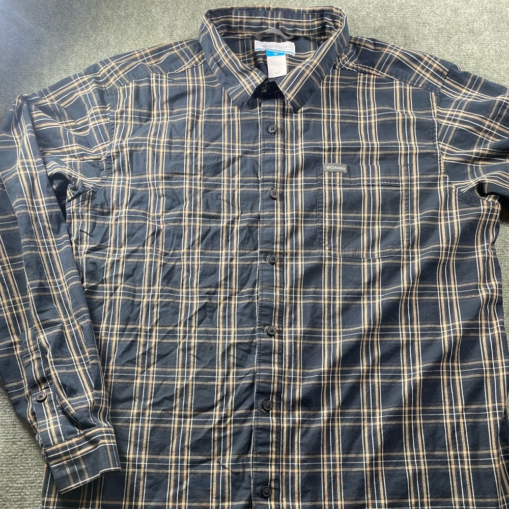 Columbia Men's Plaid Woven Cotton Elastane Button-Up Shirt Navy‎ Beige White 2XT